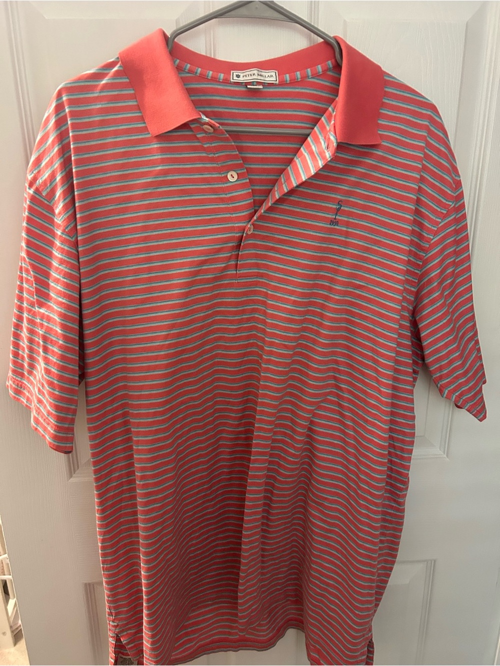 Peter Millar Coral and Light Blue Striped Polo Shirt Y2K sz XL